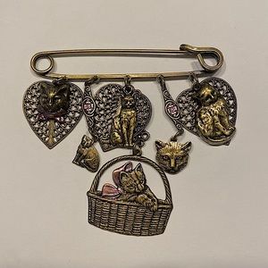 Vintage Goldtone Metal Safety Pin Cat Charms Brooch
